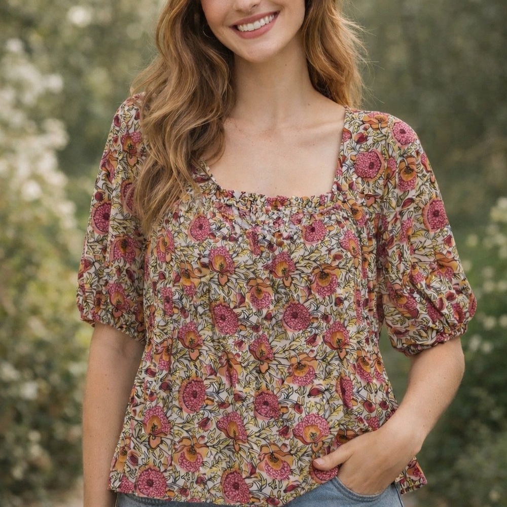 Cynthia‎ Rowley Feminine Peasant Style Floral Ruched Crop Rayon Top Size M